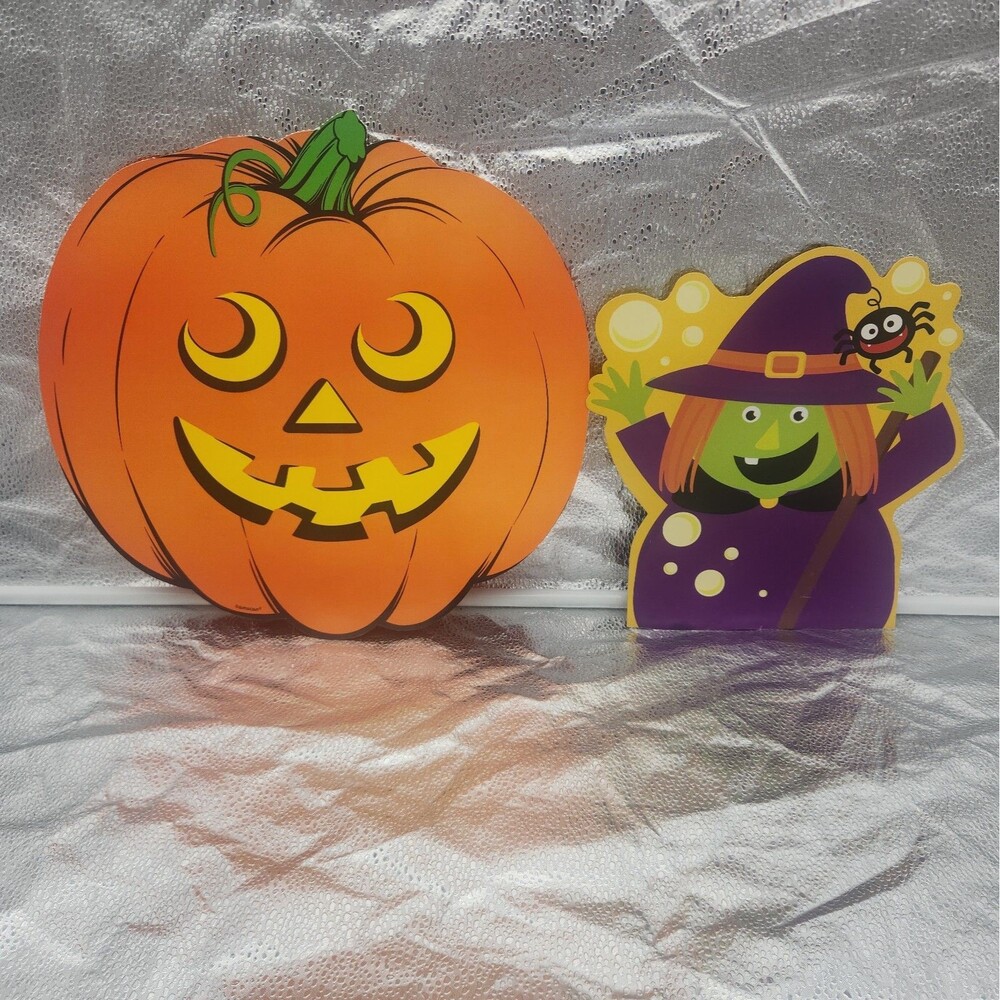 Die Cut Pumpkin Amscan & Witch Cartoon With Spider Halloween 80s VTG Decoration